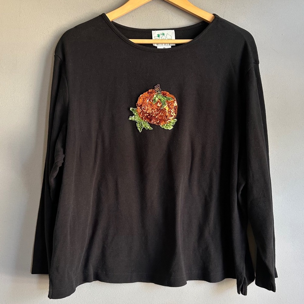 Quacker Factory Womens 2X Black Cotton Sequin Pumpkin Long Sleeve Top